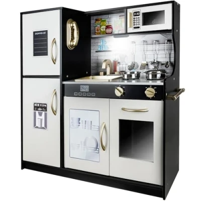 Imagen de KRUZZEL Cocina de juguete para niños, accesorios madera, ollas con luz, 22116, color negro y