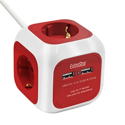 Imagen de EXTRASTAR 6 en 1 Cubo Regleta Enchufe con USB de 4 Enchufes + 2 Puertos 5V, 1.5M, MAX 3680W, 16A, Rojo, para Hogar Oficina