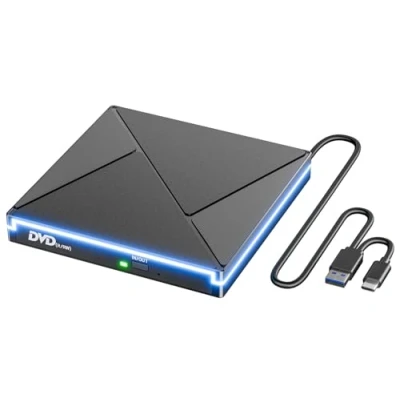 Imagen de Lector CD DVD Externo con RGB, Grabadora Unidad Externa USB 3.0 y C, Unidades Portátil CD/DVD / RW/ROM Estable para PC/Portátiles/Windows 11/10/8/7/XP/Vista/Linux/MacOS