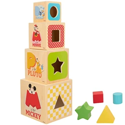 Imagen de WOOMAX 48738 Cubos apilables de madera para bebé, Torre encajable juguete Disney, Juguetes Mickey y Minnie, Juego educativo, Montessori, Primera infancia, A partir 12 meses, Regalos infantiles