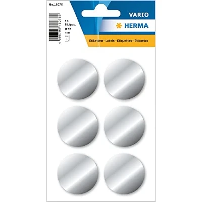 Imagen de HERMA 15075 etiquetas plateadas redondas (diámetro 32 mm, 3 hojas, mate), pegatinas autoadhesivas para regalo etiquetado a mano, 18