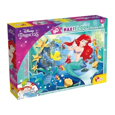 Imagen de Liscianigiochi Puzzle Maxi Floor para niños de 60 piezas 2 en 1, Doble Cara con reverso colorear Disney La Sirenita 74167