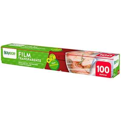 Imagen de Bayeco papel film transparente Gran adherencia Estuche con sierra de corte Apto para contacto alimentos Color Rollo cocina 100 metros