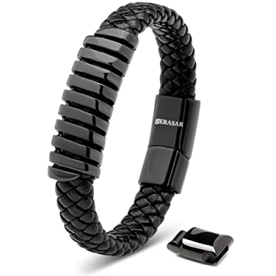 Imagen de SERASAR 40cm Negro Pulsera de Cuero Hombre Chico Pulseras Hombres Brazalete Brazaletes Pulso Muñequera Muñequeras Bisuteria Bisutería Joyeria Nudos Cuerda Cuerdas Bracelet Jewellery Unisex Ancha