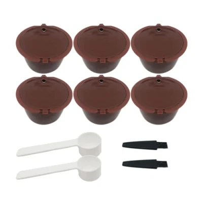 Imagen de Filtro reutilizable capsulas de cafe recargables en 6pcs + 2 cucharas cepillos colador apto para la mayoría cafeteras (marrón)