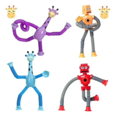 Imagen de RXKFIGX 4 PCS Juguete De Robot Jirafa Telescópico con Ventosa Tubos Pop para Niños Educativos Telescópica Tubes Regalos Descompresión y Adultos