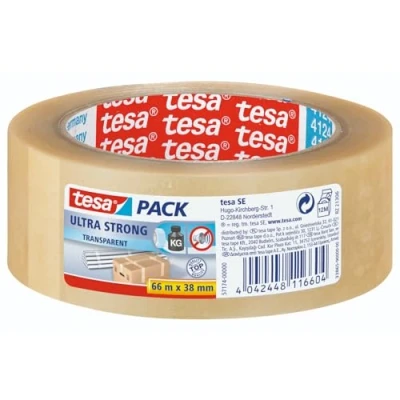 Imagen de tesapack Cinta Adhesiva para Embalar, Sellar y Empaquetar, Resistente al envejecimiento desgarro, Extra fuerte sin disolventes, 66 m x 38 mm, Transparente