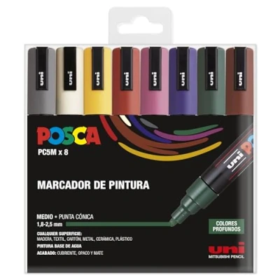 Imagen de UNI Posca Estuche de 8 Rotuladores PC5M Punta Cónica Colores Oscuros