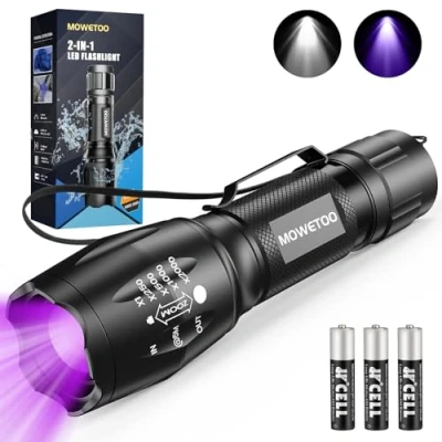 Imagen de MOWETOO Linterna UV 2 en 1, LED 3500LM, Militar, Ultravioleta Luz con 4 Modos, Zoom IN/out, 395nm, Aluminio, Anti caída, Impermeable