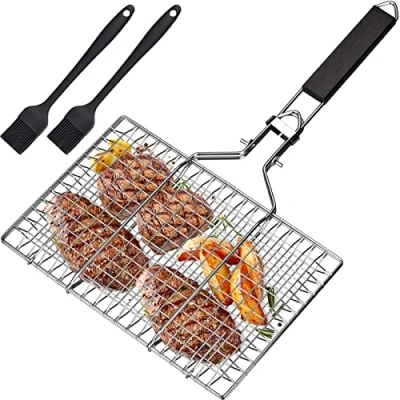 Imagen de Cesta para Asar Pescado, de Bandeja Barbacoa Acero Inoxidable, Plegable, Portátil, Barbacoa, Pescados y Verduras, Con Bolsa Oxford 2 Cepillos Silicona