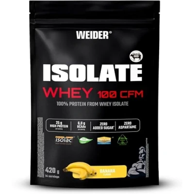 Imagen de Weider Isolate Whey 100CFM (420g) Sabor Banana. 100% Aislado de Proteína Suero Leche, 25g Proteína/porción, Con Enzimas, Sin Azúcar Añadido, Aspartamo, Bajo en Grasa