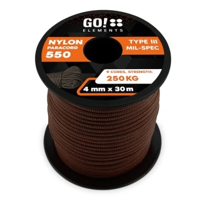 Imagen de GO!elements 30m Paracord de Nylon a Prueba desgarros 4mm 550 Typo III Cuerda Adecuado como Yute &amp; Gruesa MAX. 250kg, Color: Marrón