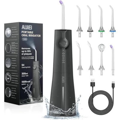 Imagen de AUIEI Irrigador Dental, Bucal Portatil Inalámbrico Profesional 8 Boquillas 5 Modos, USB Recargable Para Limpieza de Dientes, IPX7 Impermeable 300ML, Hogar y Viajes (Negro)