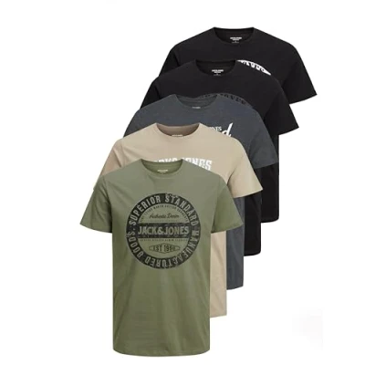 Imagen de JACK &amp; JONES Camiseta para hombre con estampado en paquete de ventajas cuello redondo, logotipo JJECORP Tee SS Crew Neck, Pack 5 (E), XXXL