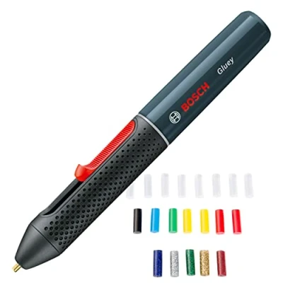 Imagen de Bosch Home and Garden Lápiz de pegar Gluey con cargador micro USB y 20 barras pegamento mini, Gris, 2 Pilas AA