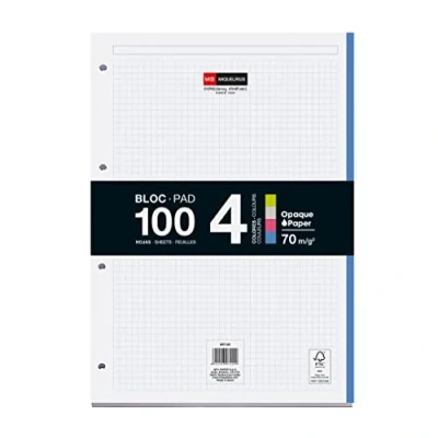 Imagen de Miquelrius Bloc Recambio Hojas Encoladas, 4 Franjas de Colores Intensos, 100 Cuadriculadas 5 mm, Tamaño A4, Papel 70 g/m², Taladros
