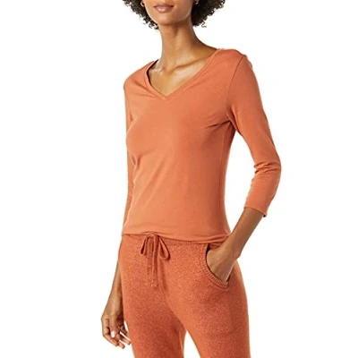 Imagen de Amazon Essentials Camiseta de Cuello en Pico, Manga 3/4 y Ajuste Clásico (Disponible Tallas Grandes) Mujer, Caramelo, XS