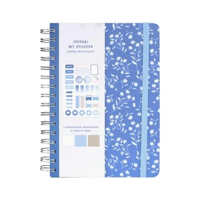 Imagen de Idena 11366 Cuaderno A5 con 66 pegatinas, azul, diario 78 páginas, 120 g/m², 3 tipos de papel diferentes, punteado, bolsillo interior y goma elástica, FSC Mix