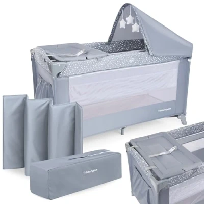 Imagen de Moby System, Parque para Bebés de Viaje Niños, 2 en 1, Cuna Plegable Llevar, Recién Nacidos y Niños Pequeños, 1 Nivel: 0 a 6 Meses, 36 Bolsa Transporte, Gris