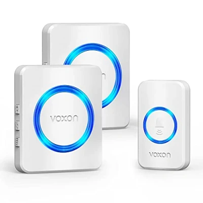 Imagen de VOXON Timbre Inalámbrico, Alcance de 400m, Conjunto con 2 Receptores, Resistente al Agua IP65 para Exteriores, Puerta Luz LED, 5 Niveles Volumen, 60 Melodías