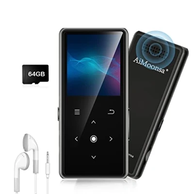 Imagen de 64GB Reproductor MP3, AiMoonsa de Música con Bluetooth 5.2, Altavoz HD Integrado, Radio FM, Grabadora Voz, Sonido HiFi, Función E Book, Auriculares Incluidos