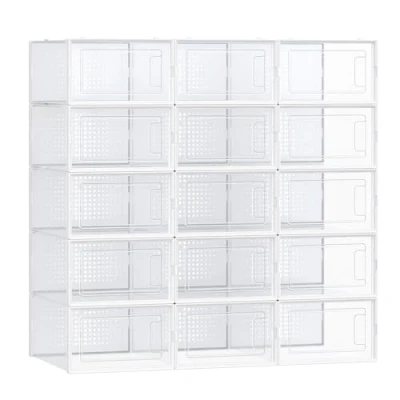 Imagen de SONGMICS Cajas de Zapatos Plástico, Juego 15 Organizadores Almacenamiento, Caja Zapatero Plástico Plegable y Apilable para Zapatillas hasta talla 44, Transparente Blanco LSP015W02