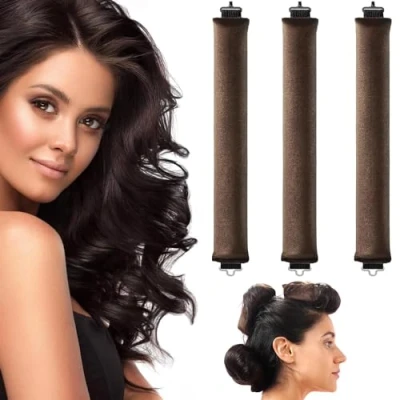 Imagen de rizos sin calor, 3 unidades de rizadores cinta rulos durante la noche, calor para cabello largo, todo tipo (marrón, M)