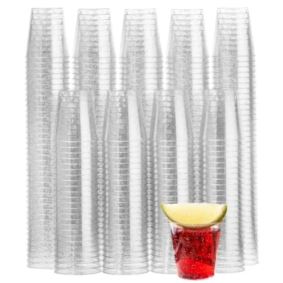 Imagen de MATANA 300 Vasos de Chupito Plástico Duro con Purpurina Plateada, 30ml Resistentes y Reutilizables Cumpleaños, Bodas, Despedidas Soltera o Soltero, Barbacoas, Fiestas