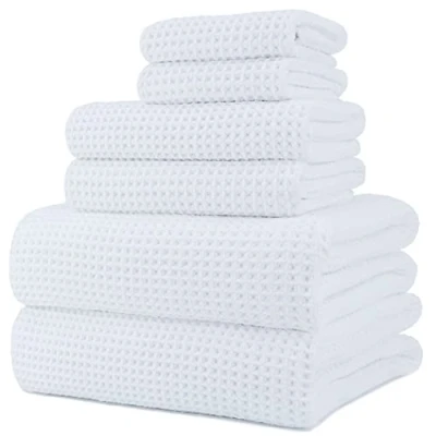 Imagen de Polyte Juego de Toallas baño Microfibra antipelusa Secado rápido Punto gofrado Blanco Grande: 152 x 76,2 cm Pack 6