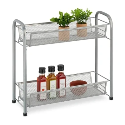 Imagen de Relaxdays Especiero estantes Organizador Especias, 2 Niveles, Estantería Cocina y Baño, Condimentos, Maquillaje, Metal, Plateado, Acero, 40 x 44 17.5 cm