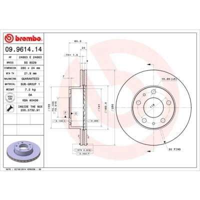 Imagen de BREMBO 09.9614.14 Disco de freno 280 24 5 ventilación interna con tornillos PEUGEOT: Boxer Furgón