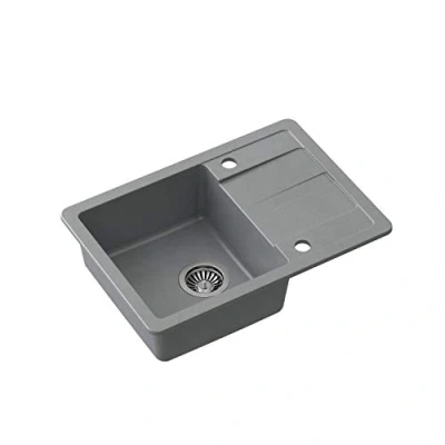 Imagen de VBChome Fregadero de 62 x 44 cm granito gris para empotrar, escurridor moteado, reversible, compuesto + sifón dispensador detergente