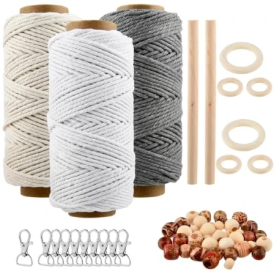 Imagen de USENG 61Piezas Hilo de Macrame,3mm Algodon,Hilo Macrame Kit Macramé para Principiantes,Hilo Macrame, Cuerda Natural Tapices,Colgar Flores,Cortinas y Trabajos Varios