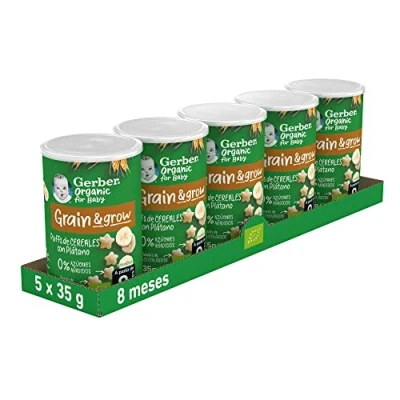 Imagen de GERBER Organic Puffs Plátano, Snack de Cereales para Bebés, Lata 5x35g, a partir 8 meses