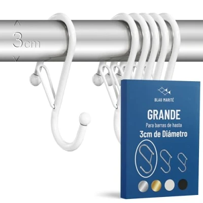Imagen de Blau Marité 6 Ganchos en Forma de S con Sistema Anticaída. Largo: 10 cm. para Barras hasta 3cm diametro. Ayuda la organización y almacenaje del hogar. (Blanco, Grande)