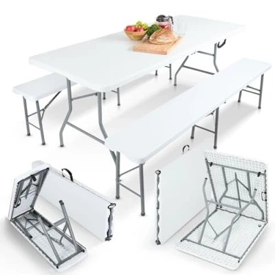 Imagen de Arebos Mesa Plegable y 2 Bancos Portatil Blanco 180 x 75 74 cm MAX 150 kg Camping
