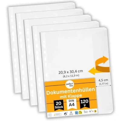 Imagen de perfect line 20 fundas para documentos con solapa DIN A4, transparentes A4 archivador, granuladas, sin ácido, fabricación en la UE