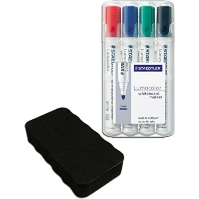 Imagen de Staedtler Lumocolor 351 WP4 Rotuladores para pizarra blanca, 4 unidades, en caja con borrador (rotuladores + negro, 1)