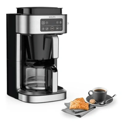 Imagen de Krups Aroma Cafetera de filtro 1000W potencia, dosificación automática, sistema inteligente palanca, capacidad 1.25L y hasta 10 tazas, apagado automático, acabado acero inoxidable, KM760D
