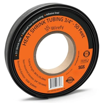 Imagen de Wirefy Tubo Termorretráctil Diámetro Grande 19,1 mm Termoretractil de Doble Pared 3:1 Revestimiento Adhesivo Térmico Negro Rollo 15 m