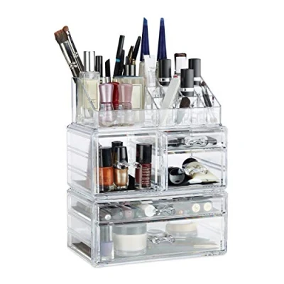 Imagen de Relaxdays Organizador de Maquillaje con 21 Compartimentos, Fibra Acrílica, Transparente, 29.5x23.5x14 cm