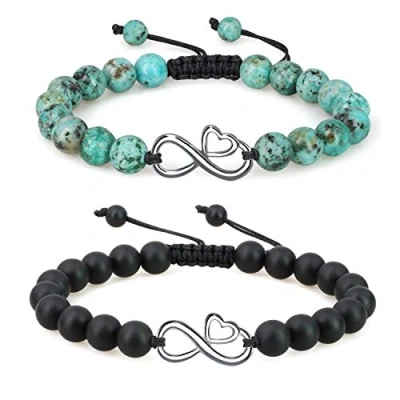Imagen de COAI Pulseras de Larga Distancia para Pareja con Cuentas Ónice y Turquesa Piedras Naturales Amuleto Infinito