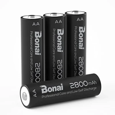 Imagen de Pilas Recargables AA, BONAI Alta Capacidad 2800mAh 1.2V 1200 Ciclos de AA Recargable NI MH, Precargadas para los Equipos Domésticos (4 Piezas)
