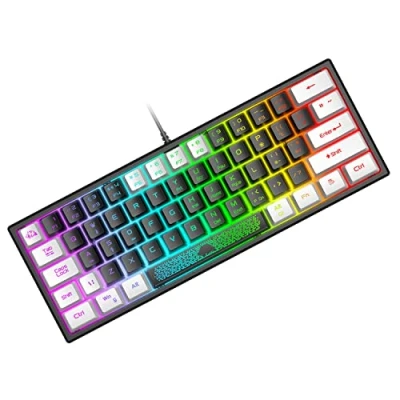 Imagen de Mini 60% Teclado para Juegos, Mechanical Feel USB Cable Gaming, RGB Chroma Rainbow Retroiluminado, Compacto 62 Teclas de Colores Mezclados en Blanco y Negro, QWERTY Layout PC Mac Laptop
