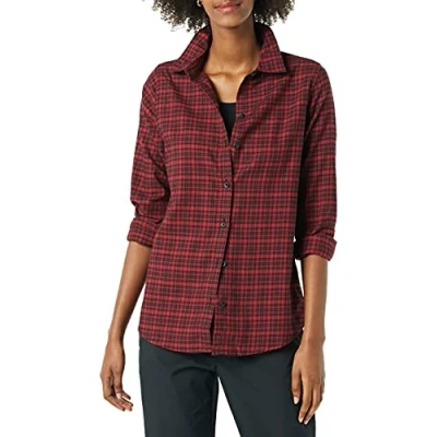 Imagen de Amazon Essentials Camiseta de Franela a Cuadros, Ligera, Manga Larga y Ajuste Clásico Mujer, Negro Rojo Cuadros Pequeños, XS