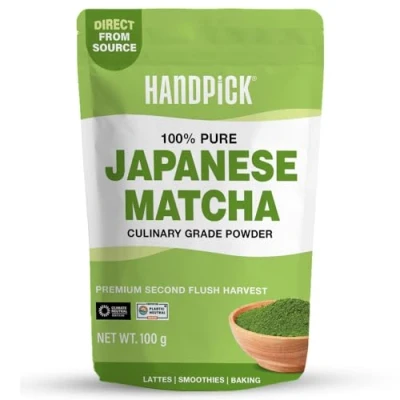 Imagen de HANDPICK Té Verde Matcha Japonés en Polvo 100g (100 Porciones) Cosecha Second Flush Premium Grado Culinario Bolsa con Cierre Hermético Sellado al Vacío para Frescura