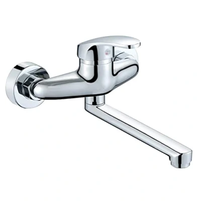 Imagen de Grifo De Cocina Montaje En Pared, Grifos Fregadero Giratorio Latón Frio Y Caliente Cromado 35Cm
