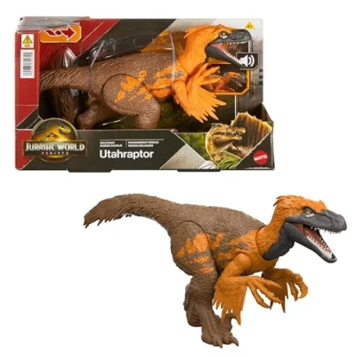 Imagen de Mattel Jurassic World: El Renacer, Utahrraptor Rugido salvaje, Dinosaurio con ataque de mordisco en múltiples direcciones y sonido controlado la cola, diseño articulado juego digital, JGC80