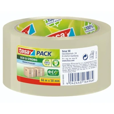 Imagen de tesa pack Eco &amp; Strong ecoLogo, Cinta de Embalaje Amigable con el Medio Ambiente PP 100% Reciclado, Resistente a los Rayos UV y al Paso del Tiempo, Transparente, 66 m x 50 mm
