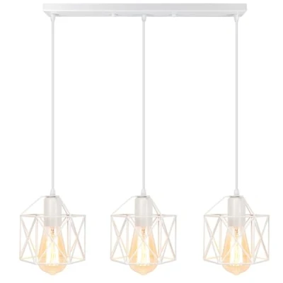 Imagen de iDEGU Luminaria industrial con 3 lámparas de techo hierro para jaula cuadrada 15 cm, lámpara E27, iluminación salón, dormitorio, bar, color blanco